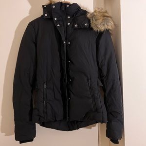 Black bomber puffer, with faux fur hood